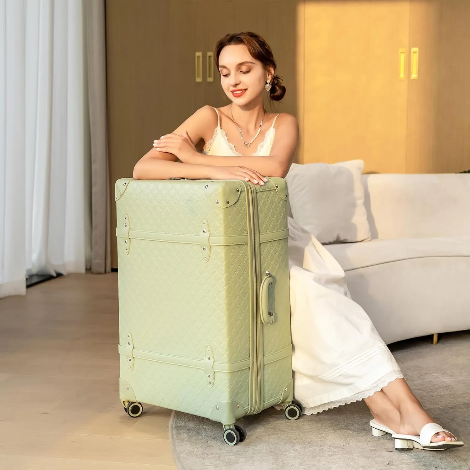 NZBZ Expandable Vintage Luggage Sets For Women Retro Luggage Set Handmade Vintage Suitcase Set with Leather Accents (Green Quilted, 20inch & 24inch & 28inch)