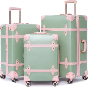 NZBZ Expandable Vintage Luggage Sets For Women Retro Luggage Set Handmade Vintage Suitcase Set with Leather Accents (Green with Pink, 20inch & 24inch & 28inch)