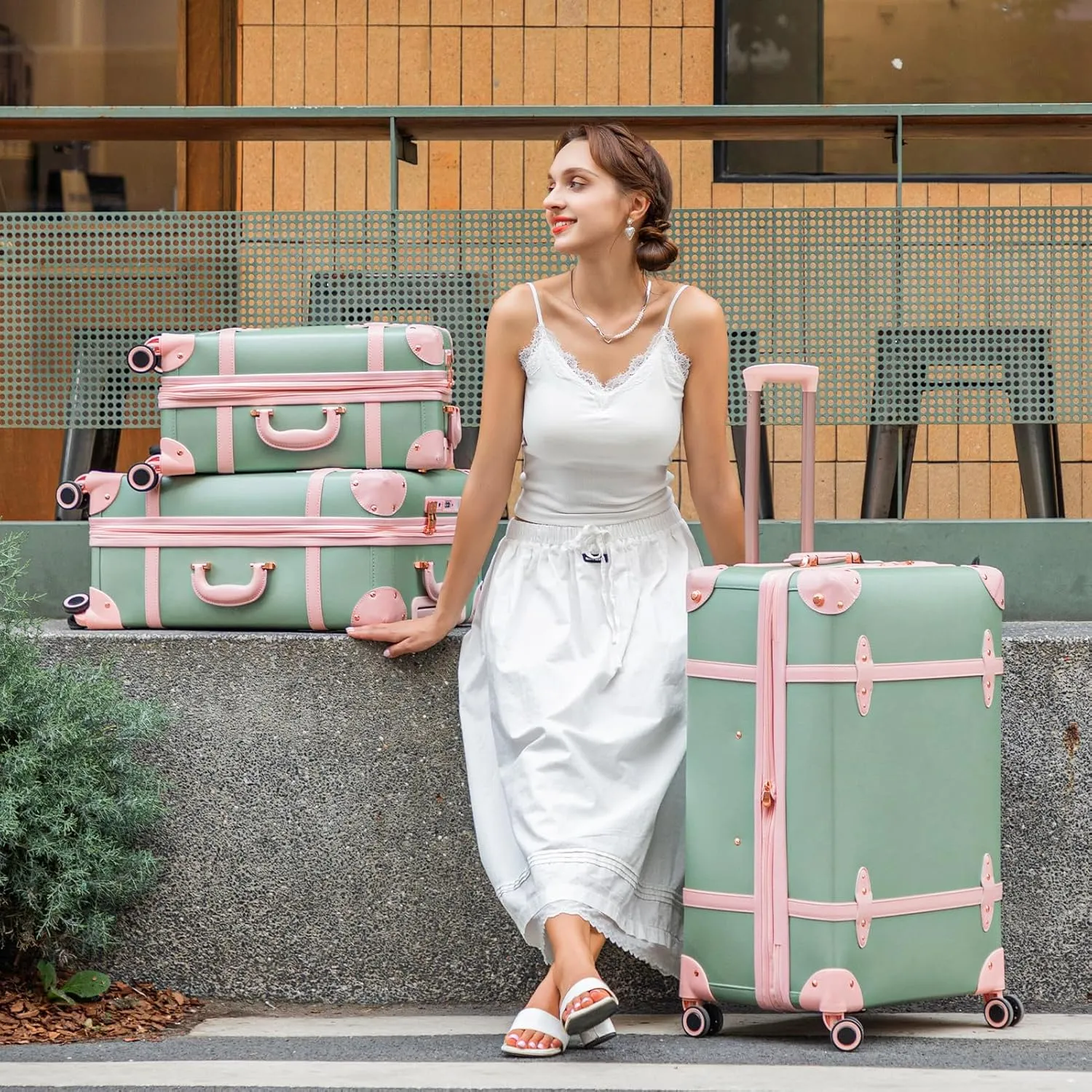NZBZ Expandable Vintage Luggage Sets For Women Retro Luggage Set Handmade Vintage Suitcase Set with Leather Accents (Green with Pink, 20inch & 24inch & 28inch)