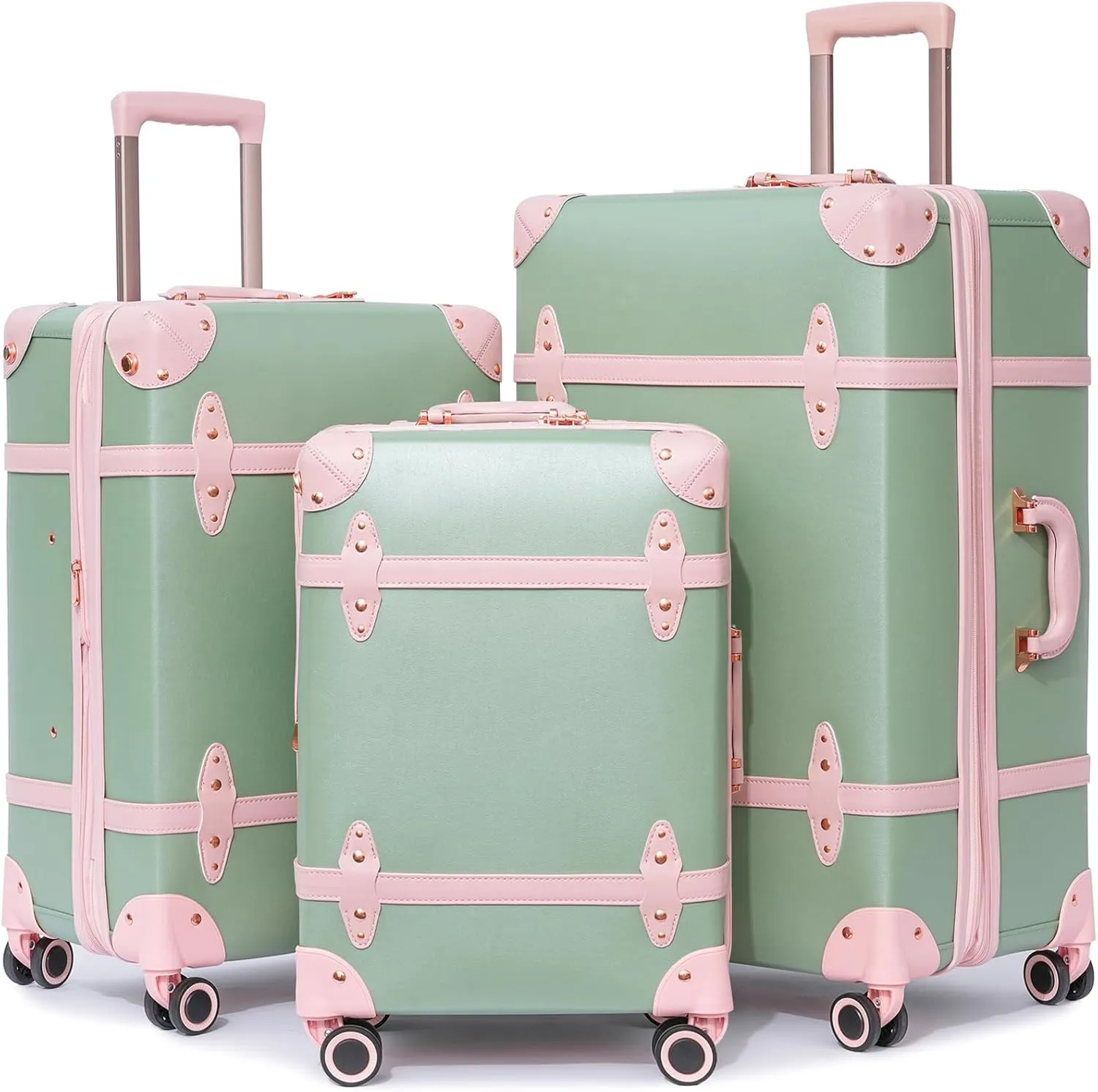 NZBZ Expandable Vintage Luggage Sets For Women Retro Luggage Set Handmade Vintage Suitcase Set with Leather Accents (Green with Pink, 20inch & 24inch & 28inch)