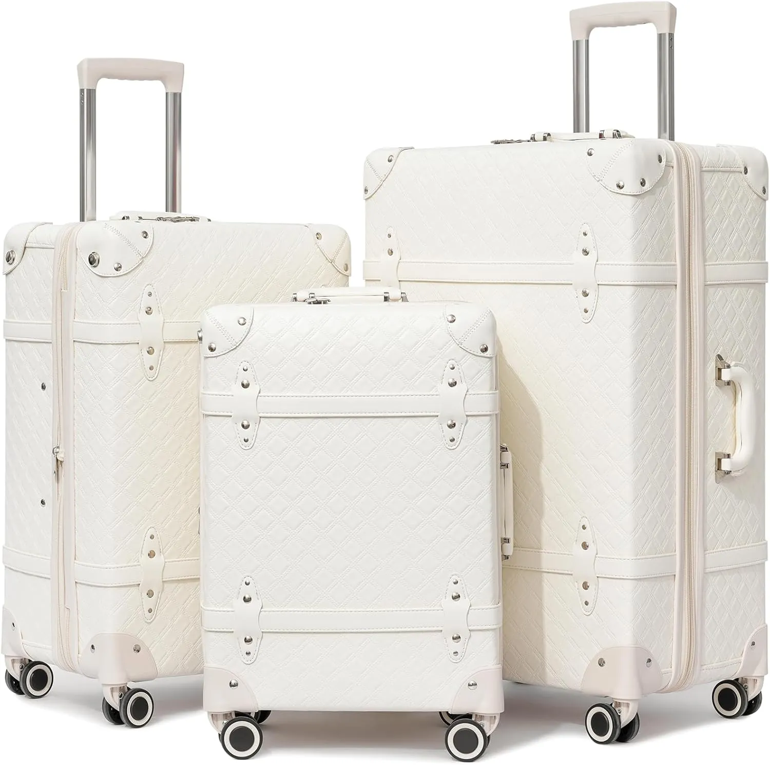 NZBZ Expandable Vintage Luggage Sets For Women Retro Luggage Set Handmade Vintage Suitcase Set with Leather Accents (Pearl White Quilted, 20inch & 24inch & 28inch)