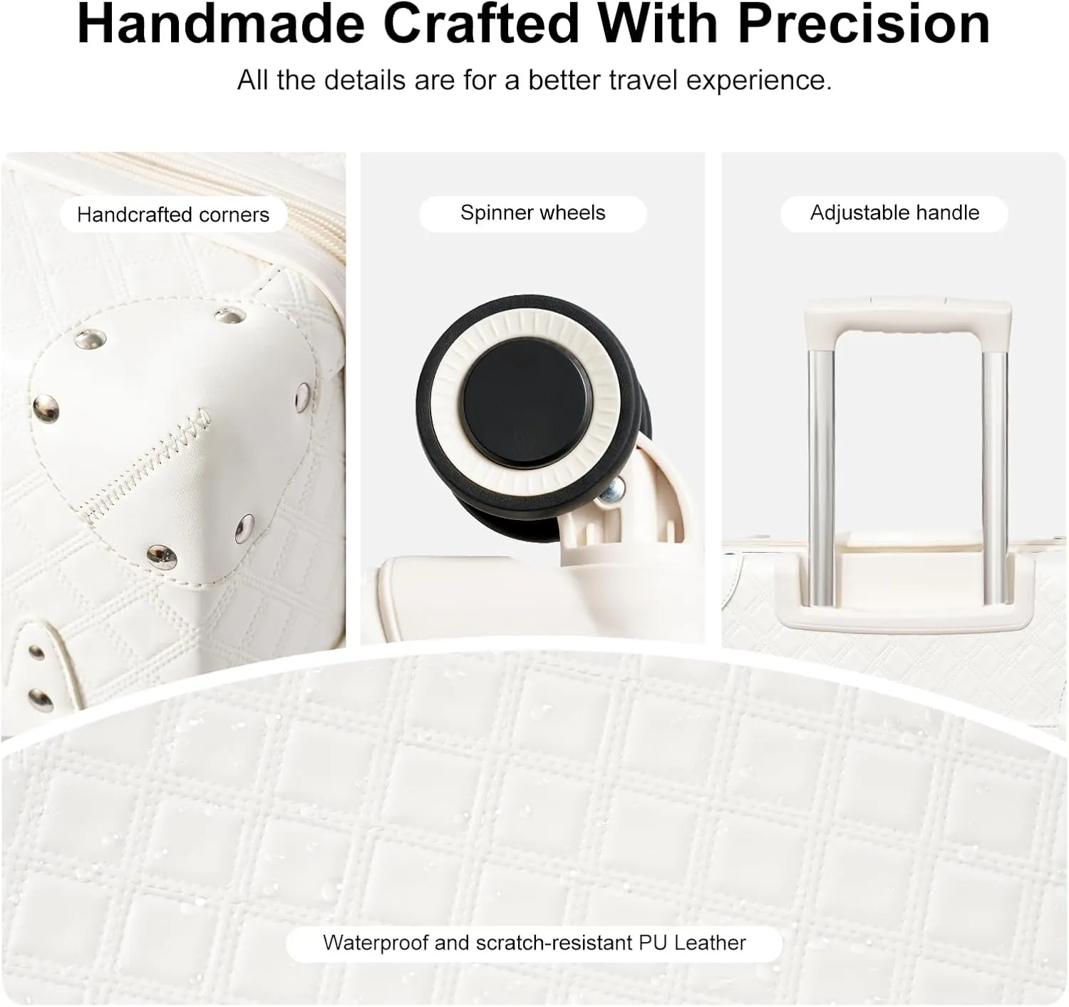 NZBZ Expandable Vintage Luggage Sets For Women Retro Luggage Set Handmade Vintage Suitcase Set with Leather Accents (Pearl White Quilted, 20inch & 24inch & 28inch)