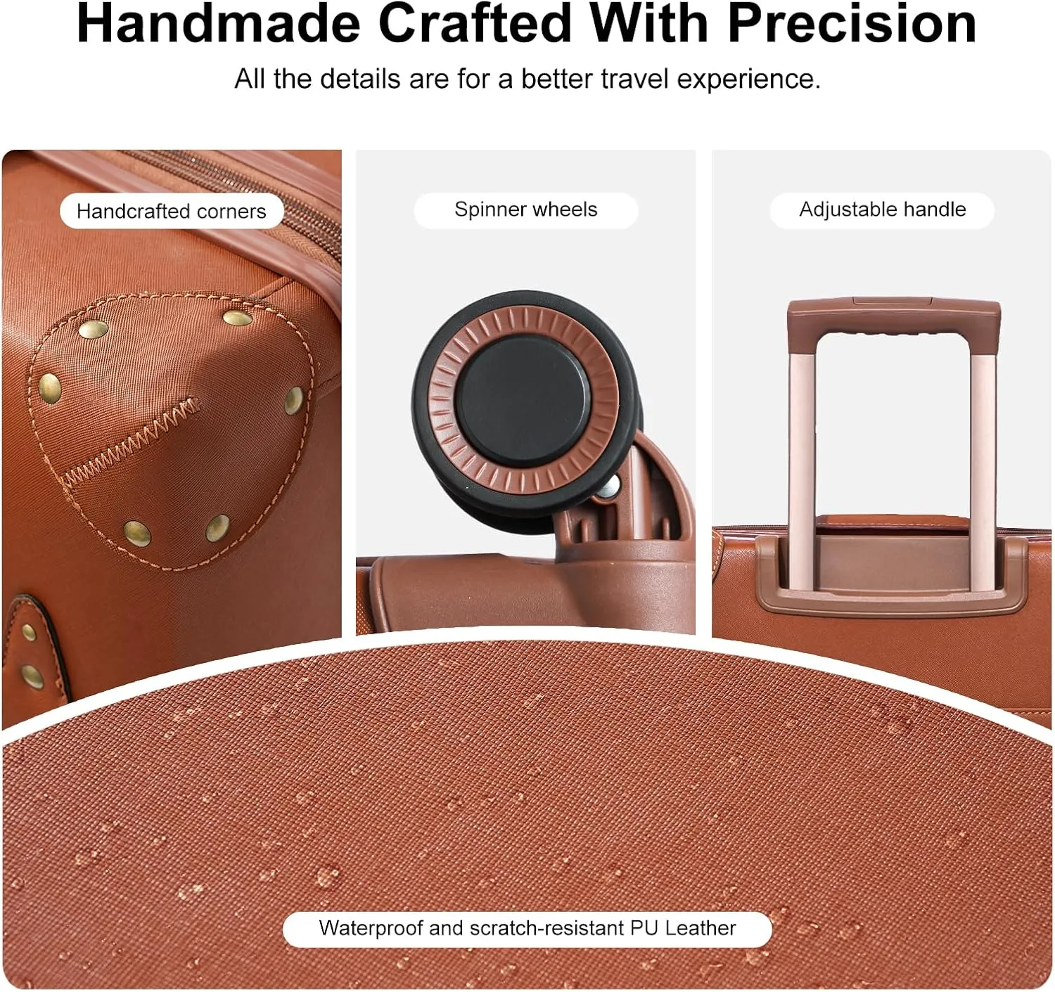 NZBZ Expandable Vintage Luggage Sets For Women Retro Luggage Set Handmade Vintage Suitcase Set with Leather Accents (Rust Orange, 20inch & 24inch & 28inch)