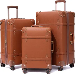 NZBZ Expandable Vintage Luggage Sets For Women Retro Luggage Set Handmade Vintage Suitcase Set with Leather Accents (Rust Orange, 20inch & 24inch & 28inch)