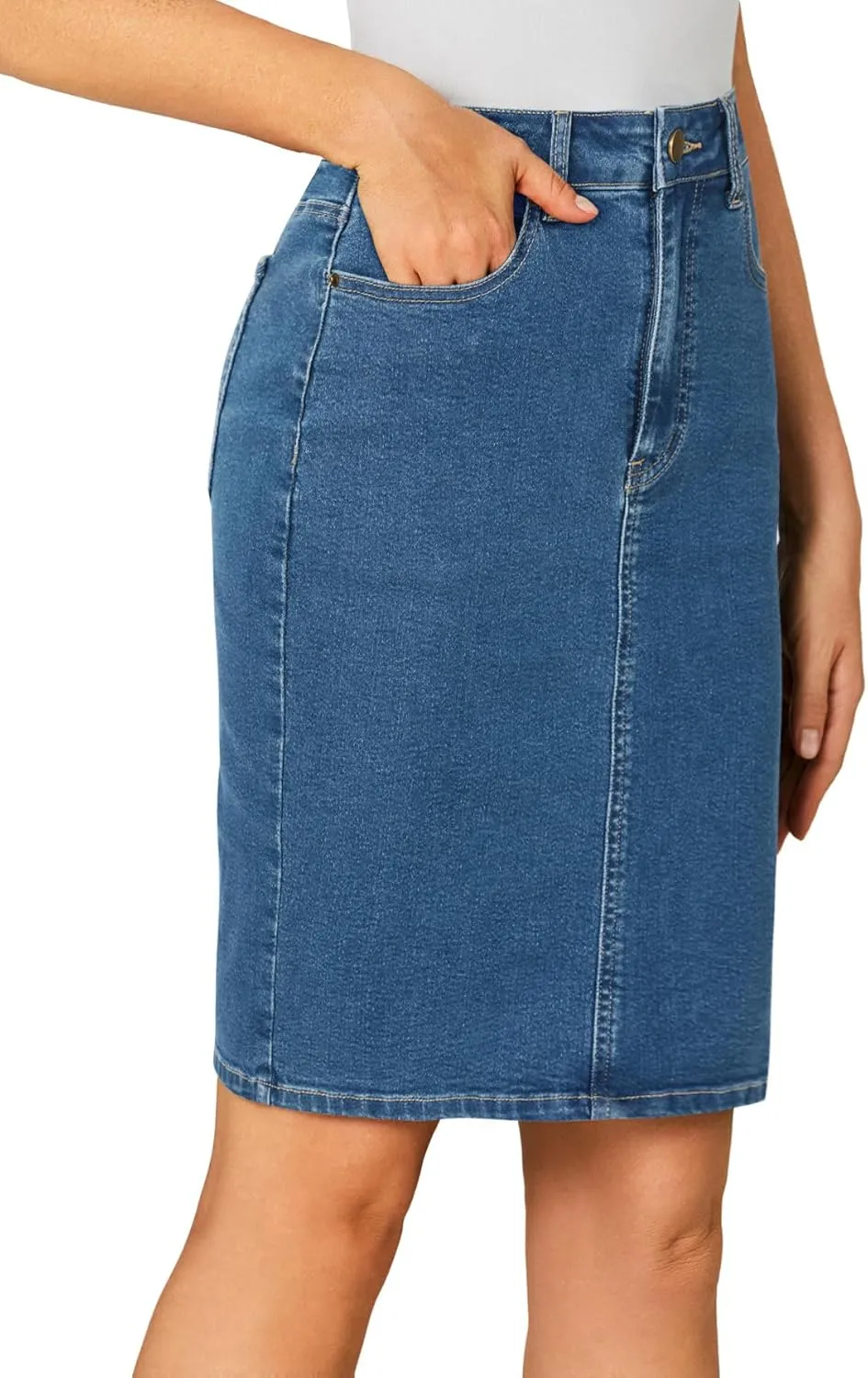 OPOIPIN Women's Casual Stretch High Waist Back Slit Denim Jean Knee Length Skirt