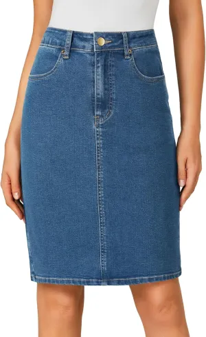 OPOIPIN Women's Casual Stretch High Waist Back Slit Denim Jean Knee Length Skirt