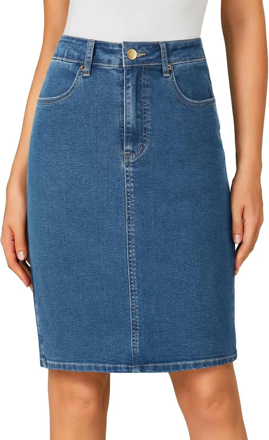 OPOIPIN Women's Casual Stretch High Waist Back Slit Denim Jean Knee Length Skirt