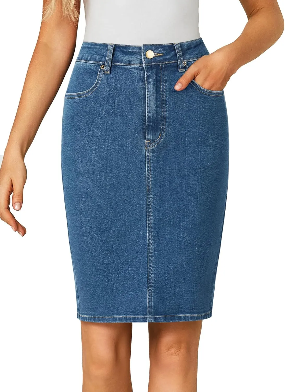 OPOIPIN Women's Casual Stretch High Waist Back Slit Denim Jean Knee Length Skirt