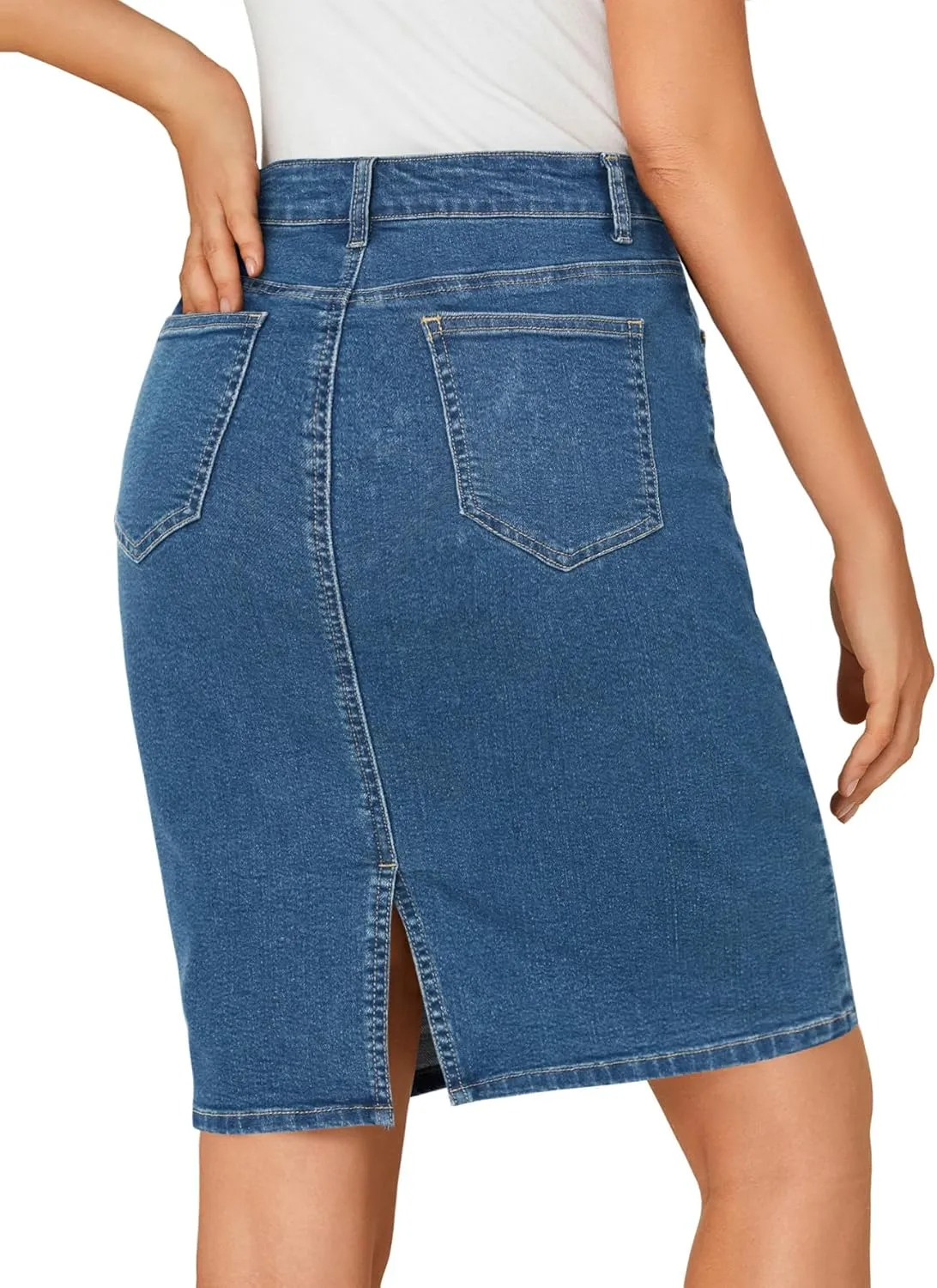 OPOIPIN Women's Casual Stretch High Waist Back Slit Denim Jean Knee Length Skirt