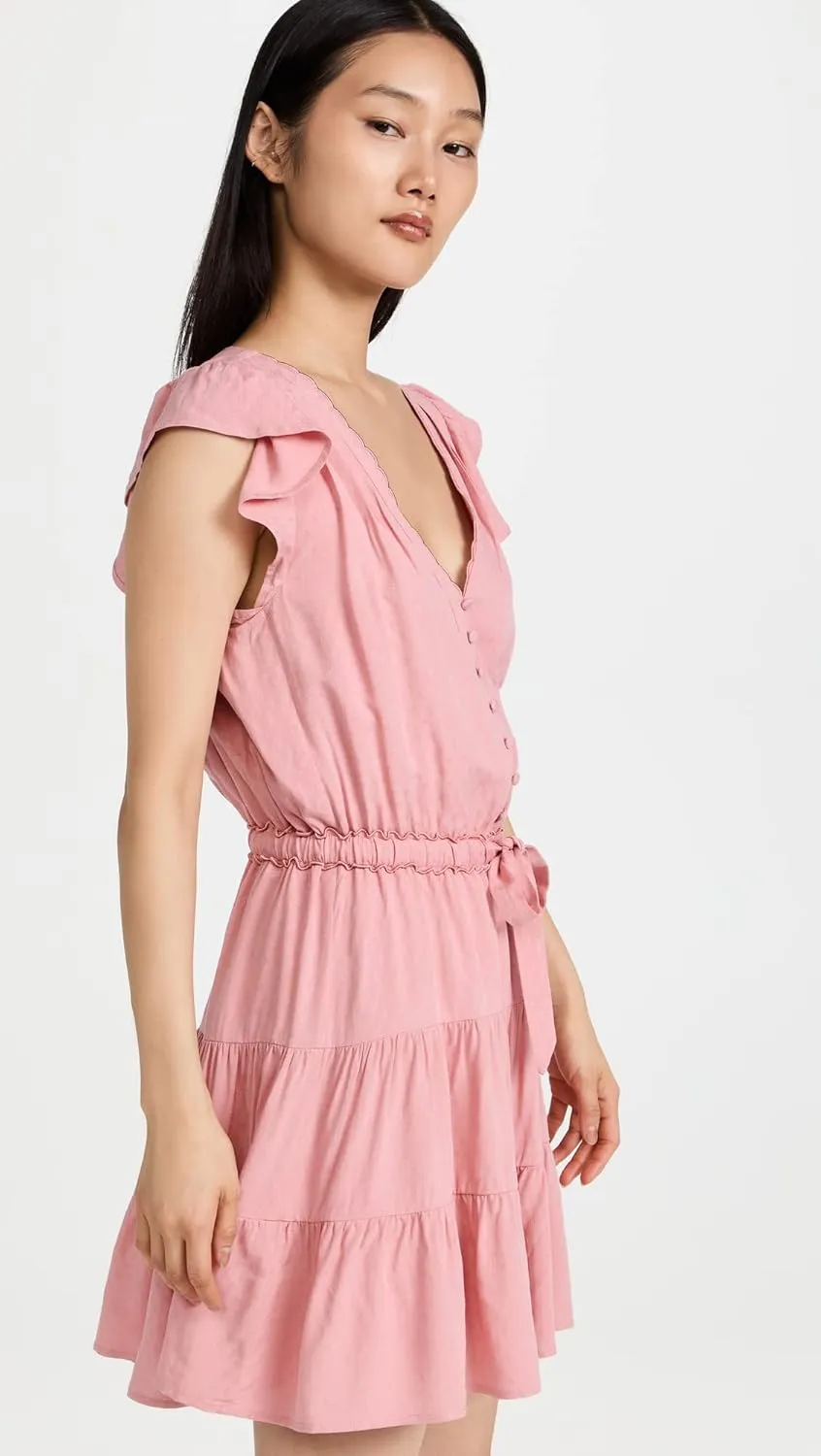 PAIGE Women's Rosalee Mini Dress Tiered Skirt Covered Button in Lipstick Pink