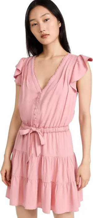 PAIGE Women's Rosalee Mini Dress Tiered Skirt Covered Button in Lipstick Pink