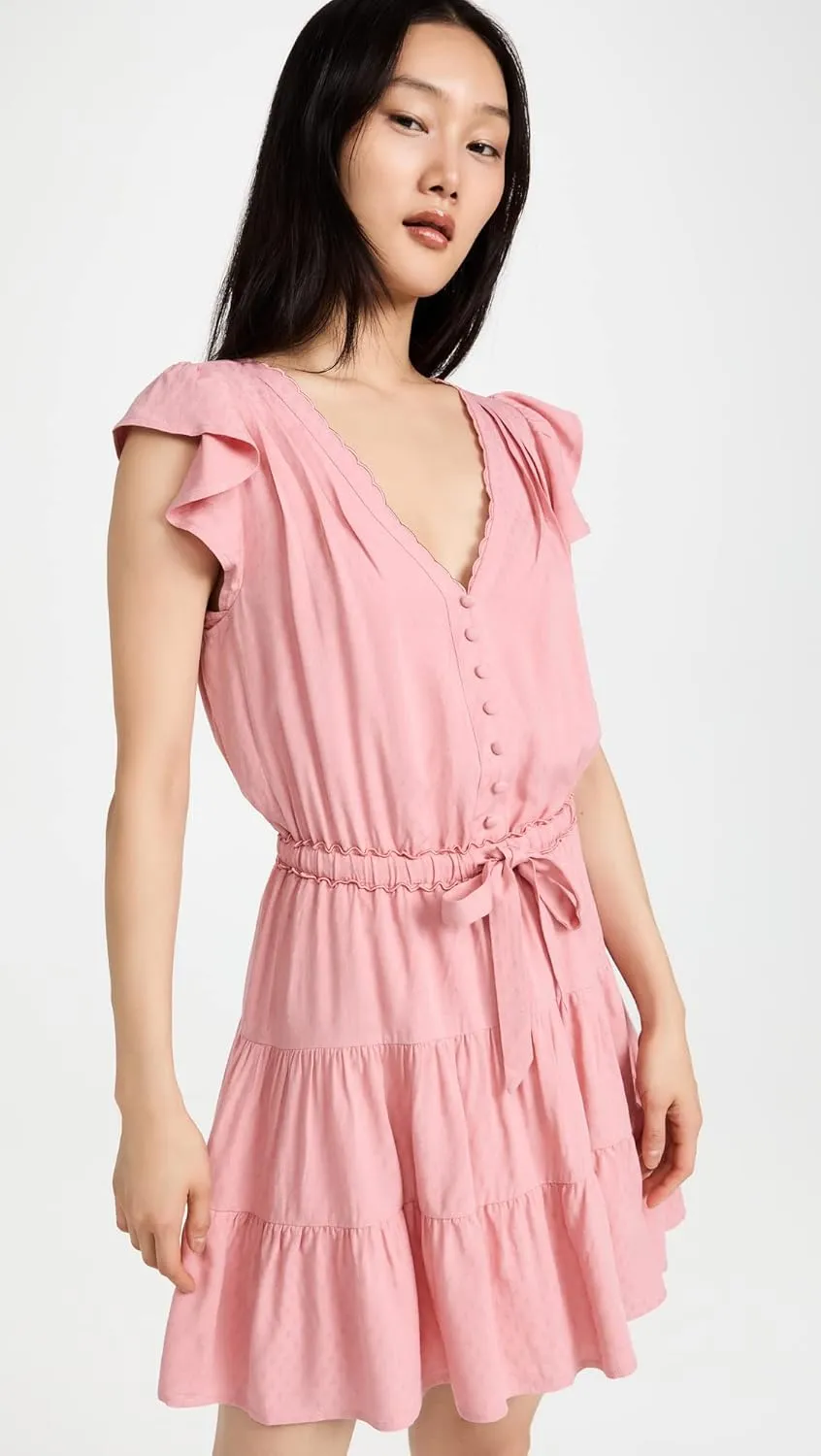 PAIGE Women's Rosalee Mini Dress Tiered Skirt Covered Button in Lipstick Pink