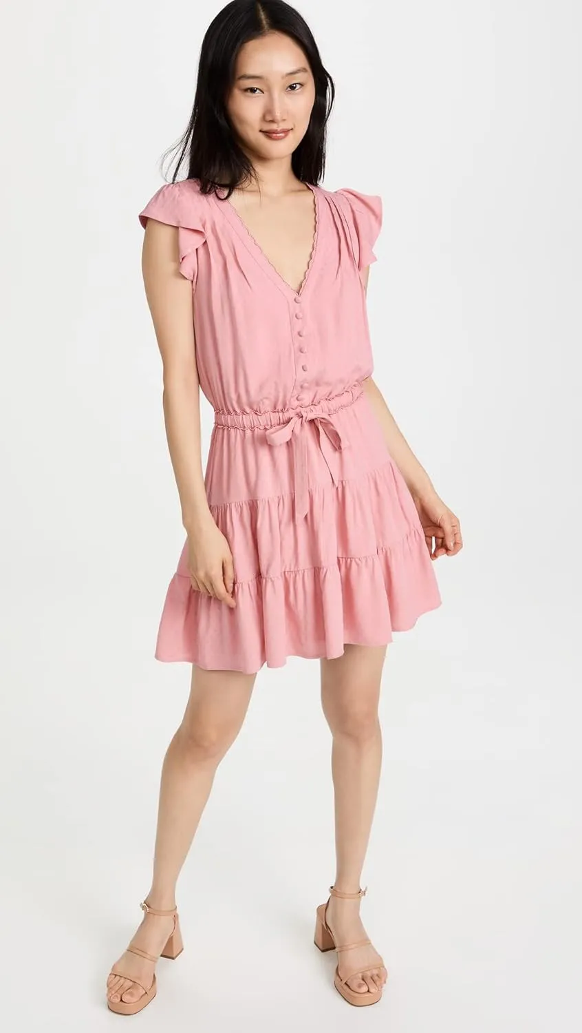 PAIGE Women's Rosalee Mini Dress Tiered Skirt Covered Button in Lipstick Pink