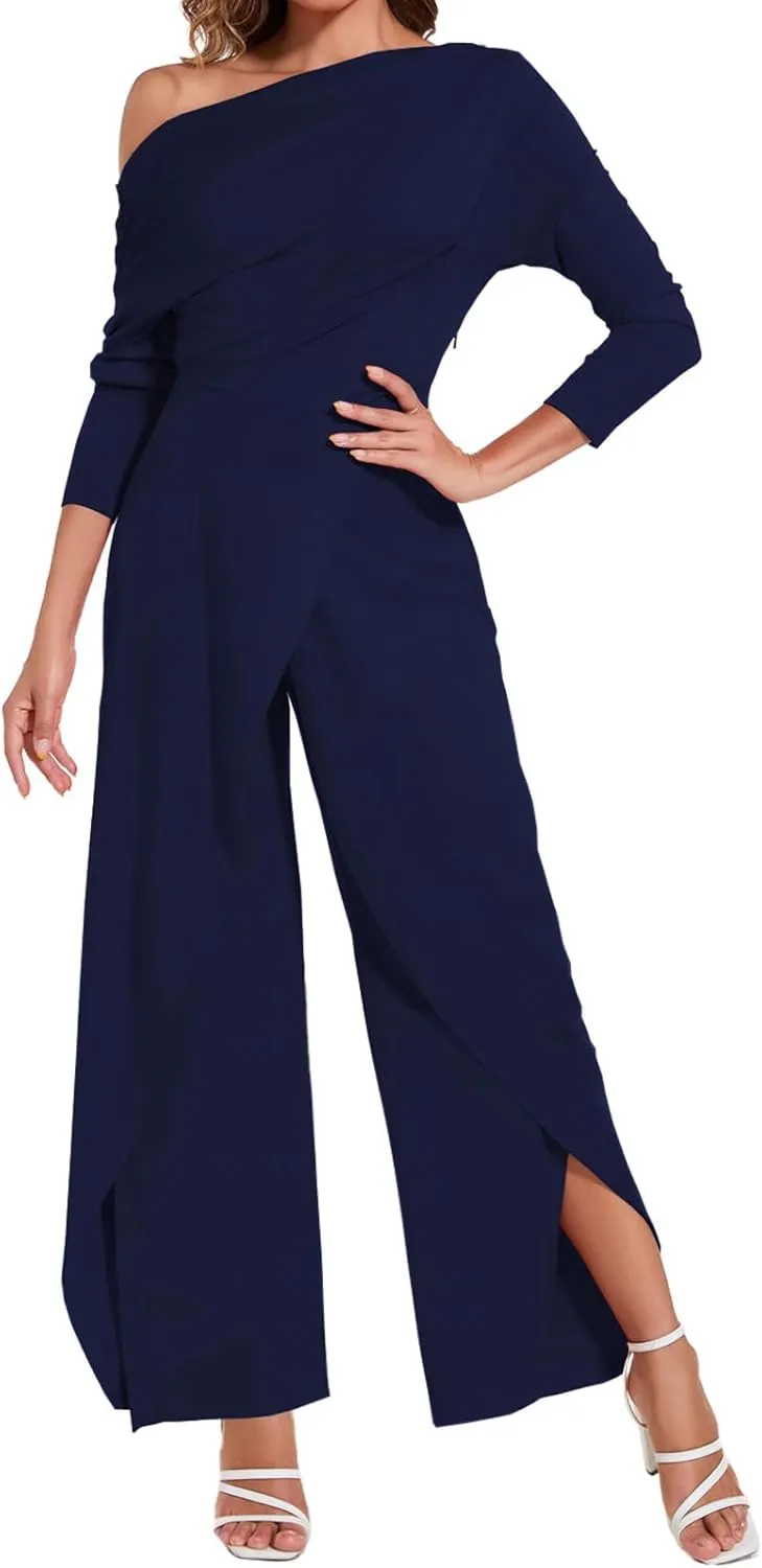 PaladMom Women's Casual Fall Elegant One Shoulder Long Sleeves Dressy for Work Wide Leg Pants Clubwear Party Jumpsuits