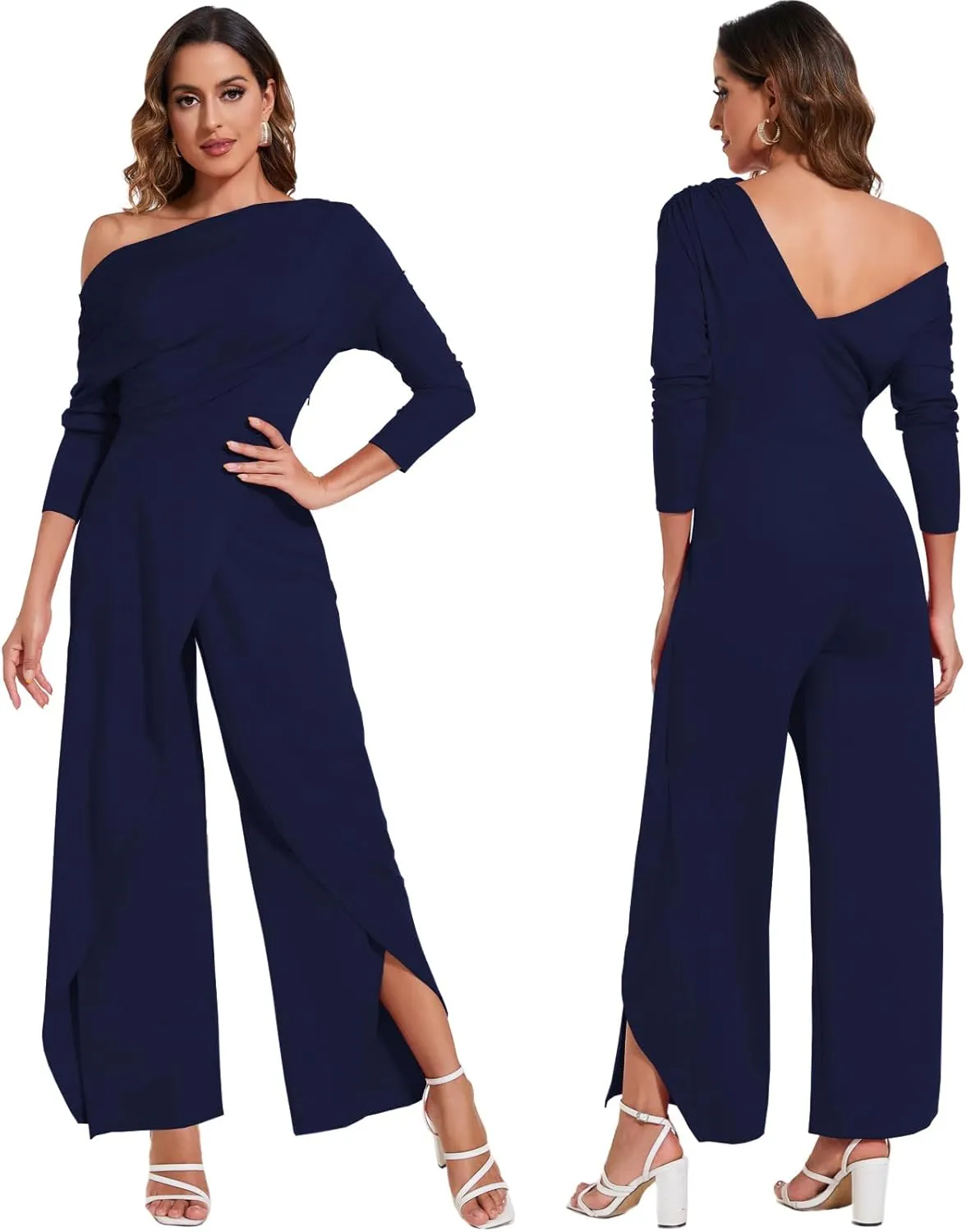 PaladMom Women's Casual Fall Elegant One Shoulder Long Sleeves Dressy for Work Wide Leg Pants Clubwear Party Jumpsuits