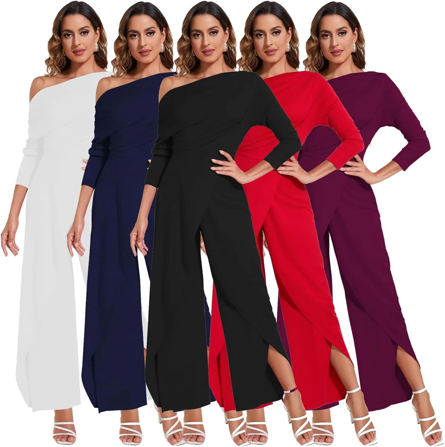 PaladMom Women's Casual Fall Elegant One Shoulder Long Sleeves Dressy for Work Wide Leg Pants Clubwear Party Jumpsuits