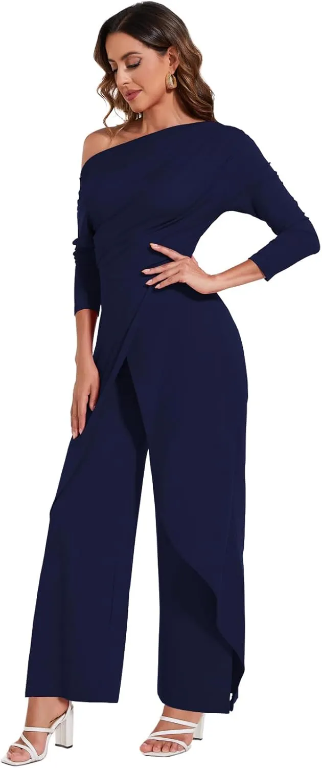 PaladMom Women's Casual Fall Elegant One Shoulder Long Sleeves Dressy for Work Wide Leg Pants Clubwear Party Jumpsuits