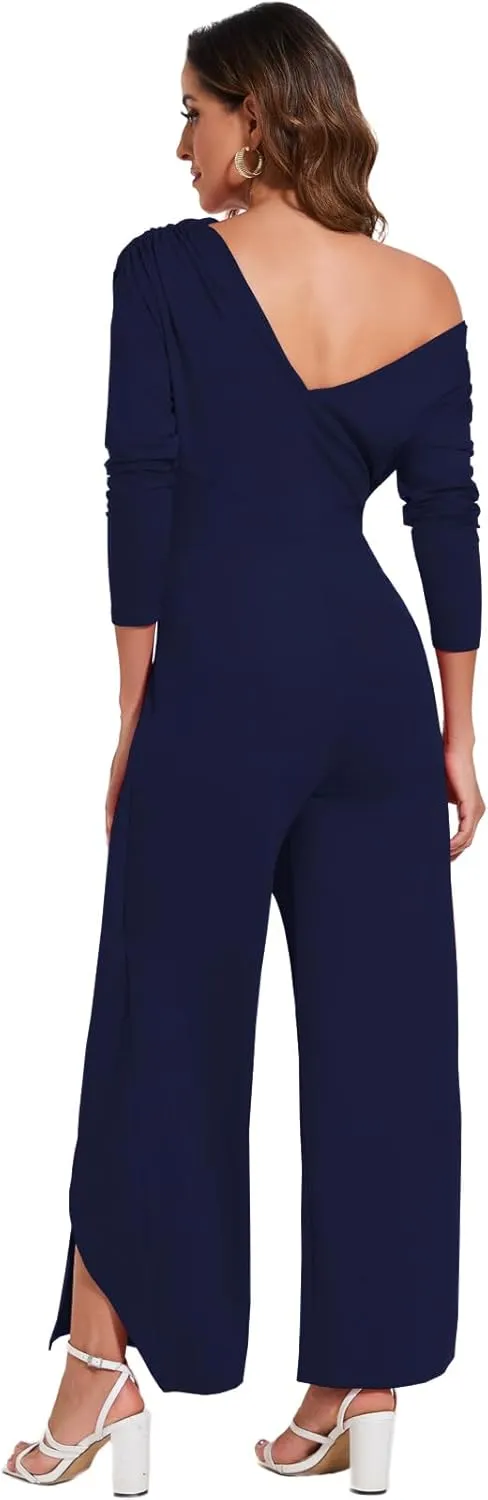 PaladMom Women's Casual Fall Elegant One Shoulder Long Sleeves Dressy for Work Wide Leg Pants Clubwear Party Jumpsuits