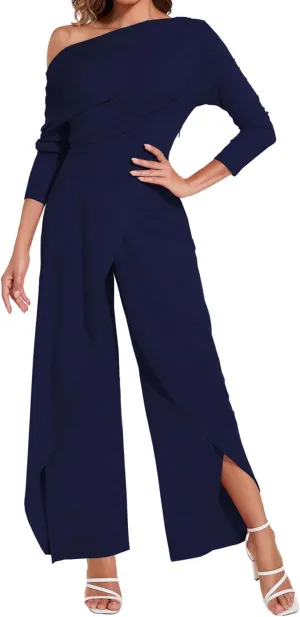 PaladMom Women's Casual Fall Elegant One Shoulder Long Sleeves Dressy for Work Wide Leg Pants Clubwear Party Jumpsuits