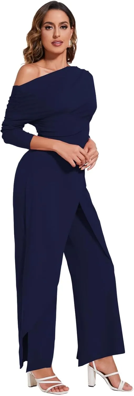 PaladMom Women's Casual Fall Elegant One Shoulder Long Sleeves Dressy for Work Wide Leg Pants Clubwear Party Jumpsuits