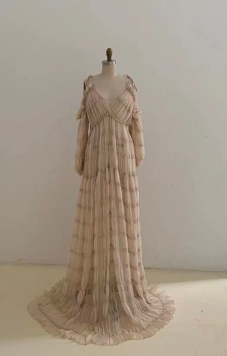 Paloma Sheer Maternity Photoshoot Dress | Choose Color Chiffon Gown w/ split belly, Convertible Neckline, One Size
