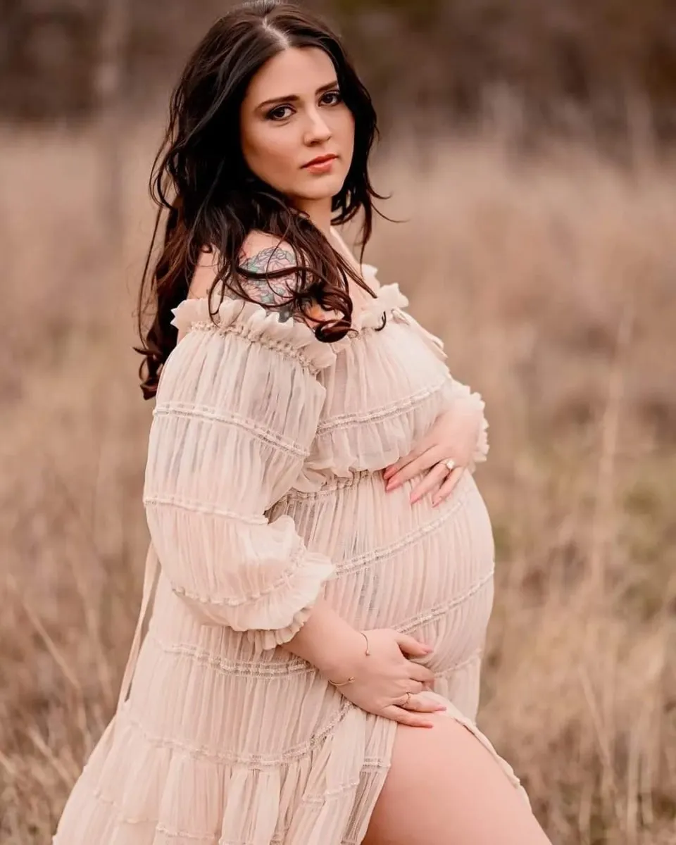 Paloma Sheer Maternity Photoshoot Dress | Choose Color Chiffon Gown w/ split belly, Convertible Neckline, One Size