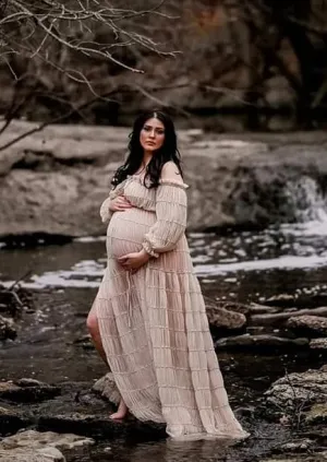 Paloma Sheer Maternity Photoshoot Dress | Choose Color Chiffon Gown w/ split belly, Convertible Neckline, One Size