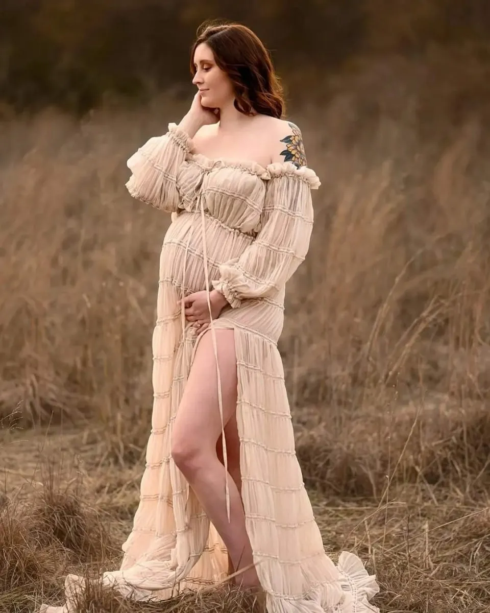 Paloma Sheer Maternity Photoshoot Dress | Choose Color Chiffon Gown w/ split belly, Convertible Neckline, One Size