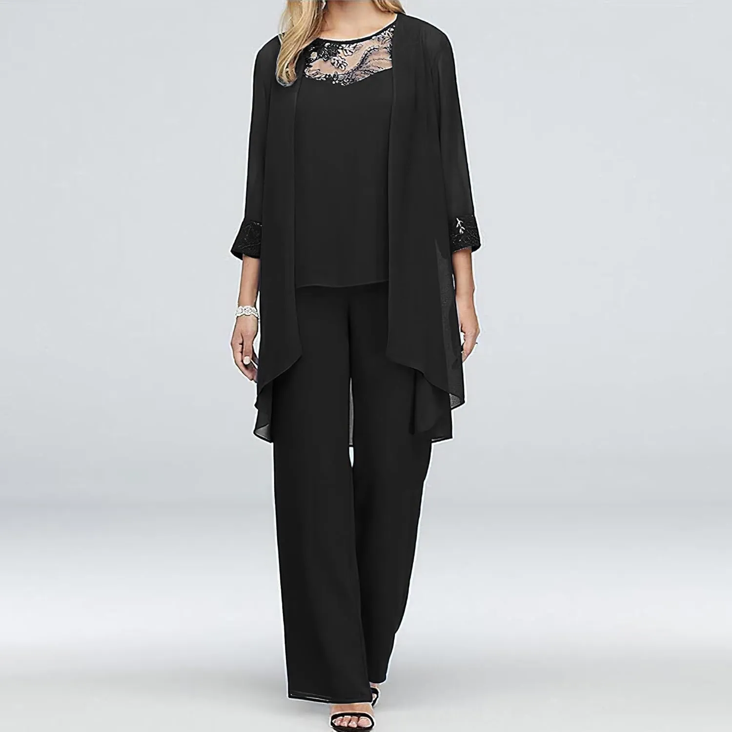 Pant Suits for Women Dressy Wedding 2 Piece Outfits Casual Irregular Chiffon Formal Wide Leg Pants Suits
