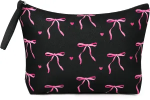 Pink Bow Makeup Bag for Women Preppy Pouch Travel Cosmetic Bag Coquette Makeup Bag Birthday Valentines Day Christmas Gifts for Bestie Mom Daughter Teen Girls (Black)