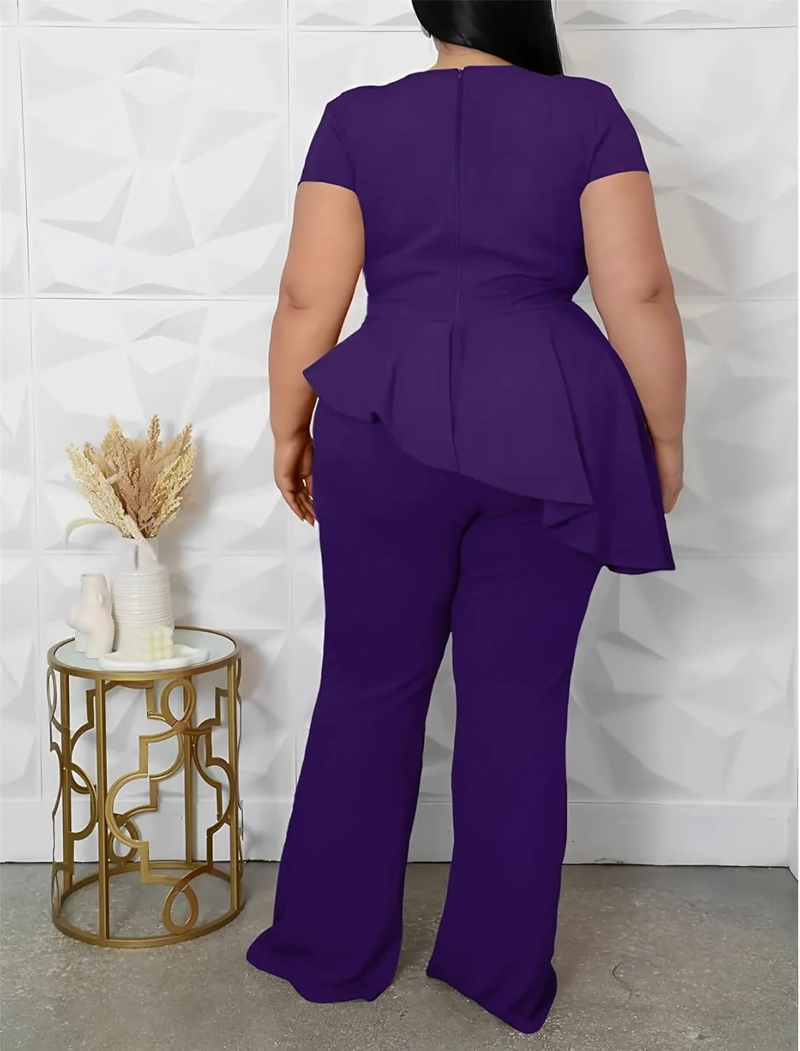 Plus Size 2 Piece Sets for Curvy Women Short Sleeve Pleated Top Wide Leg Pants Sets Pockets Business Pantsuits