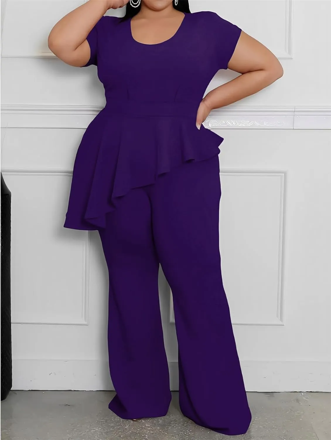 Plus Size 2 Piece Sets for Curvy Women Short Sleeve Pleated Top Wide Leg Pants Sets Pockets Business Pantsuits
