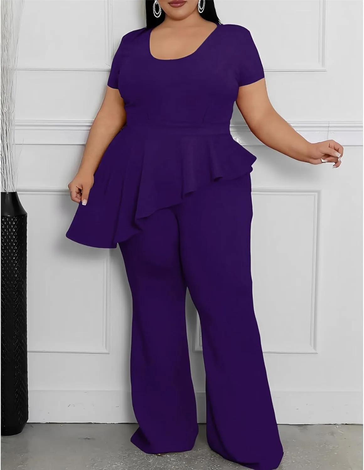 Plus Size 2 Piece Sets for Curvy Women Short Sleeve Pleated Top Wide Leg Pants Sets Pockets Business Pantsuits