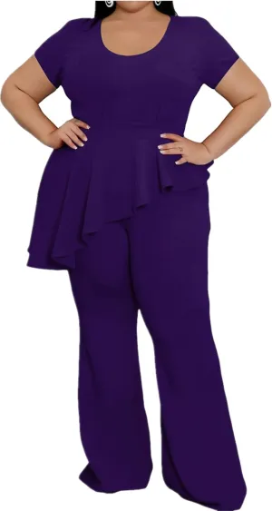 Plus Size 2 Piece Sets for Curvy Women Short Sleeve Pleated Top Wide Leg Pants Sets Pockets Business Pantsuits