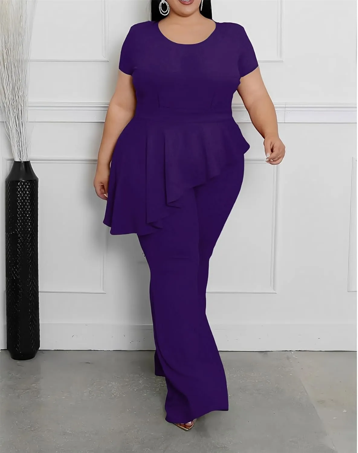 Plus Size 2 Piece Sets for Curvy Women Short Sleeve Pleated Top Wide Leg Pants Sets Pockets Business Pantsuits