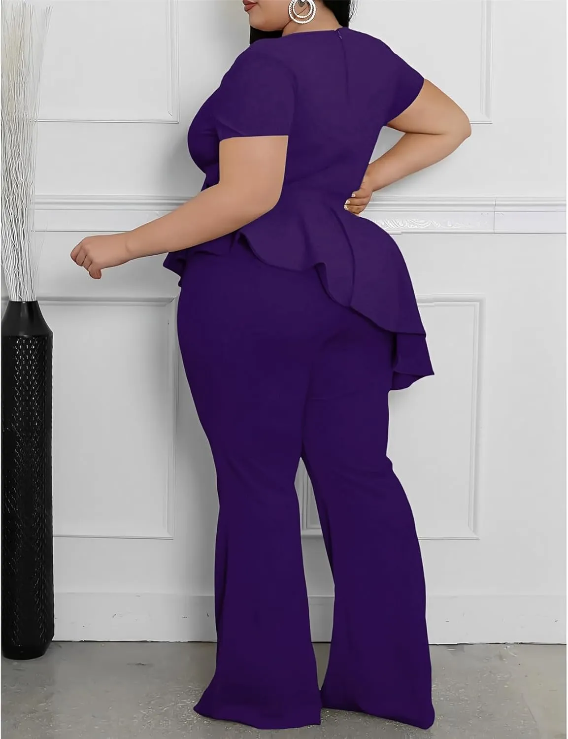 Plus Size 2 Piece Sets for Curvy Women Short Sleeve Pleated Top Wide Leg Pants Sets Pockets Business Pantsuits