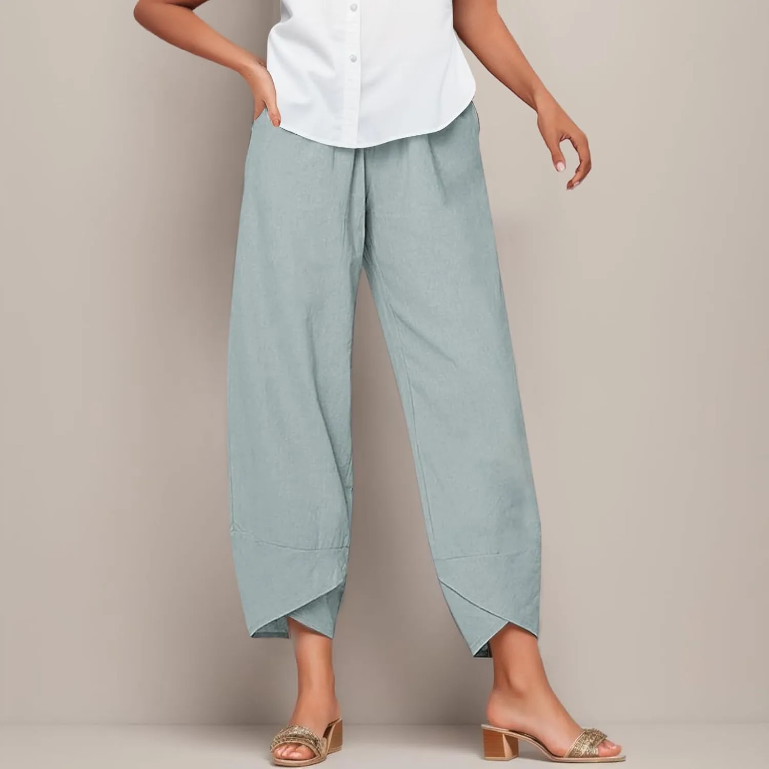 Plus Size Cotton Linen Capri Pants for Women Casual Summer Baggy Trendy Lounge Pants Athletic Trousers with Pockets