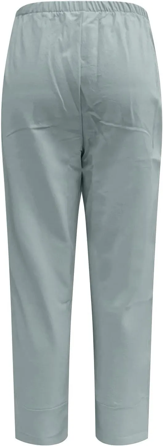 Plus Size Cotton Linen Capri Pants for Women Casual Summer Baggy Trendy Lounge Pants Athletic Trousers with Pockets