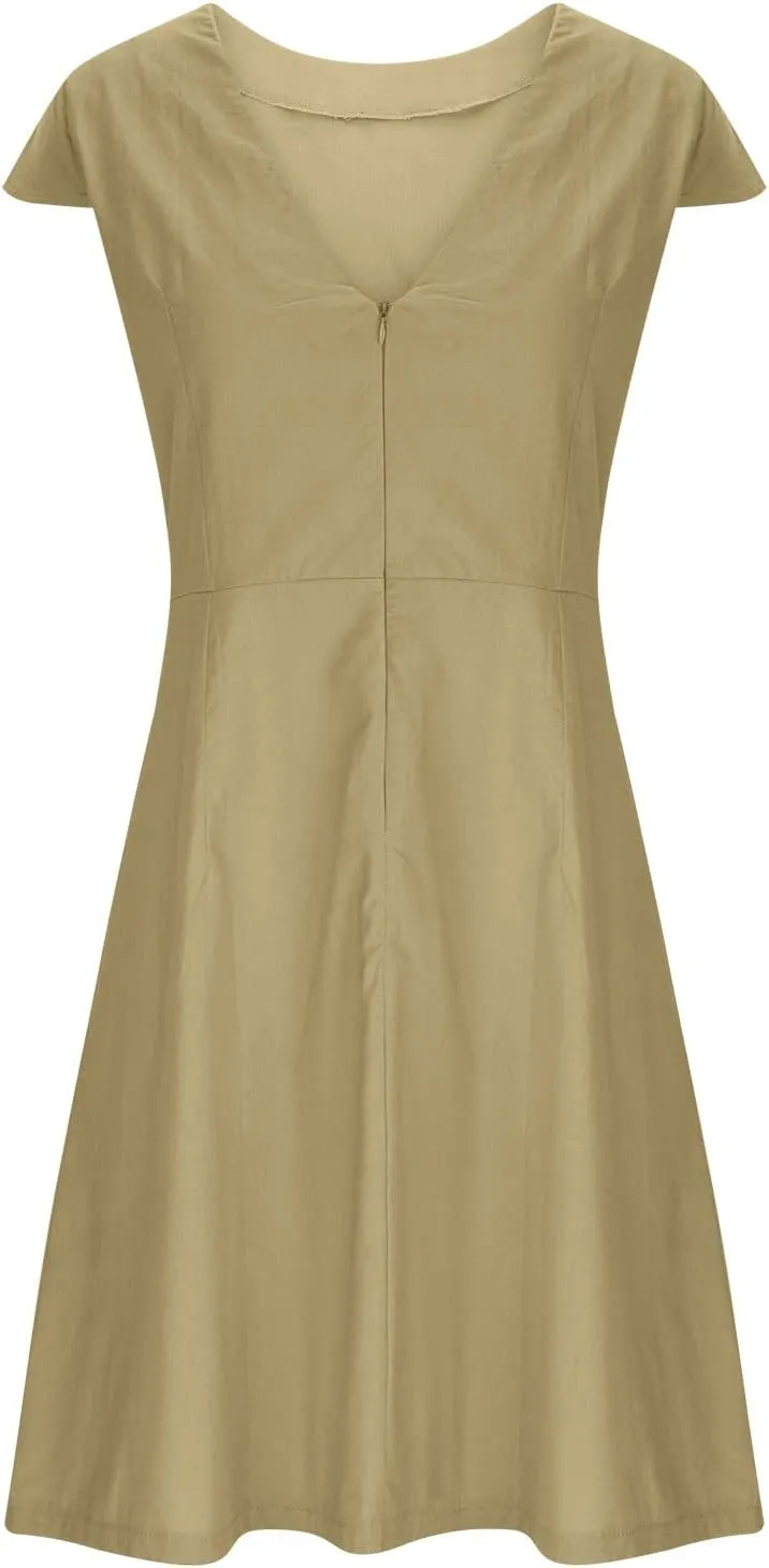 Plus Size Women Cotton Linen Cap Sleeve Dressy Dress Summer V Type Zipper Back Casual High Waist Solid A-Line Dress