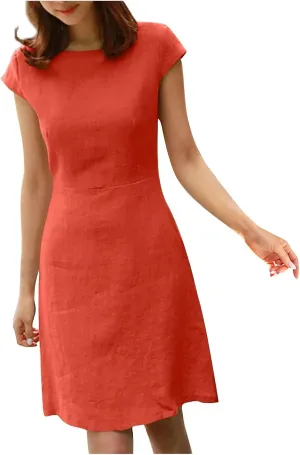 Plus Size Women Cotton Linen Cap Sleeve Dressy Dress Summer V Type Zipper Back Casual High Waist Solid A-Line Dress