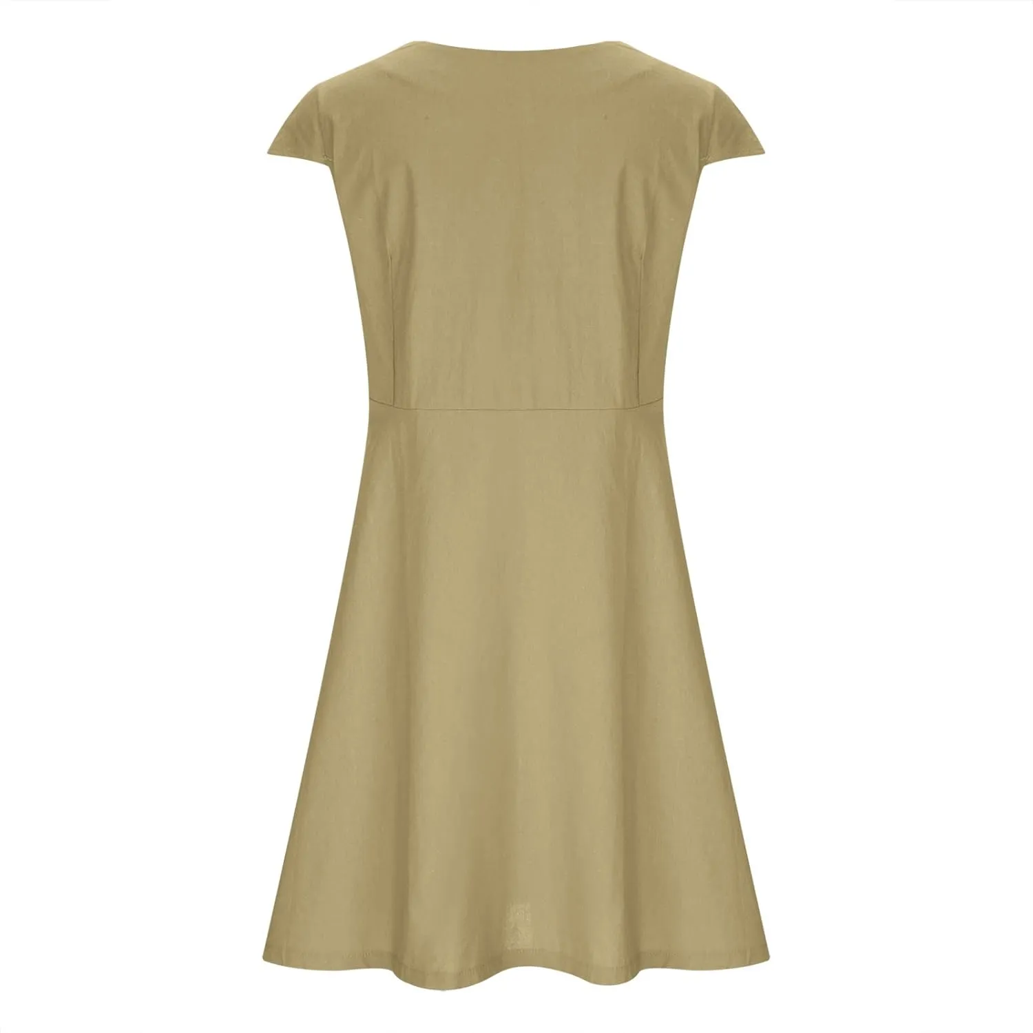 Plus Size Women Cotton Linen Cap Sleeve Dressy Dress Summer V Type Zipper Back Casual High Waist Solid A-Line Dress