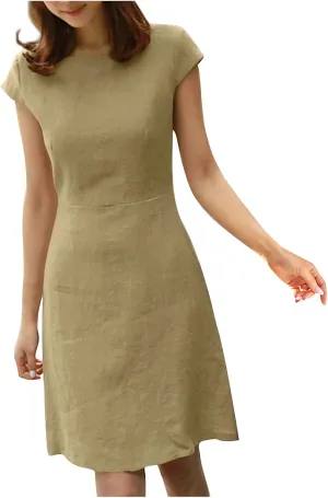 Plus Size Women Cotton Linen Cap Sleeve Dressy Dress Summer V Type Zipper Back Casual High Waist Solid A-Line Dress