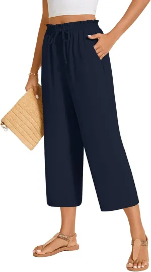 POPYOUNG Womens 3/4 Pants High Waisted Wide Leg Lounge Pants Drawstring Causal Palazzo Pants Trousers with Pockets