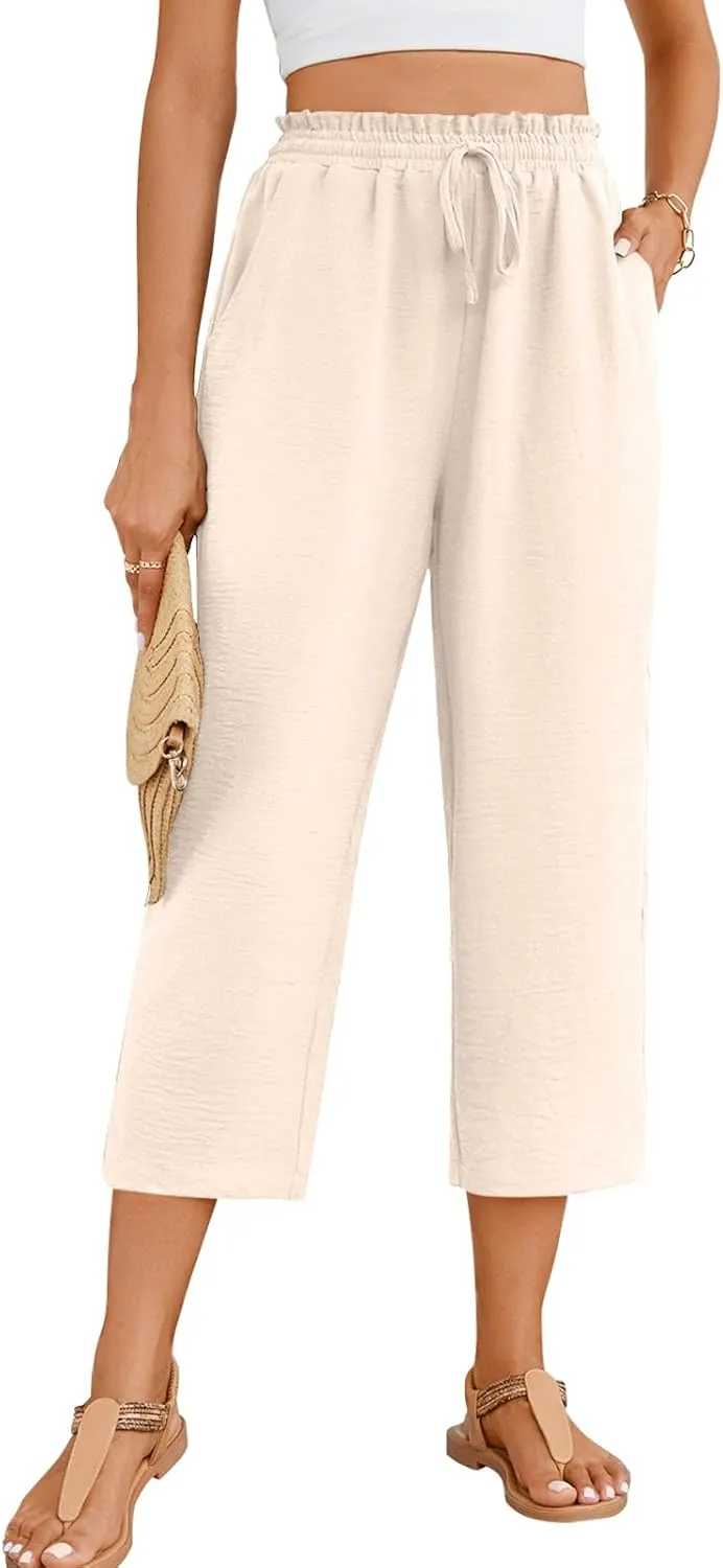 POPYOUNG Womens 3/4 Pants High Waisted Wide Leg Lounge Pants Drawstring Causal Palazzo Pants Trousers with Pockets