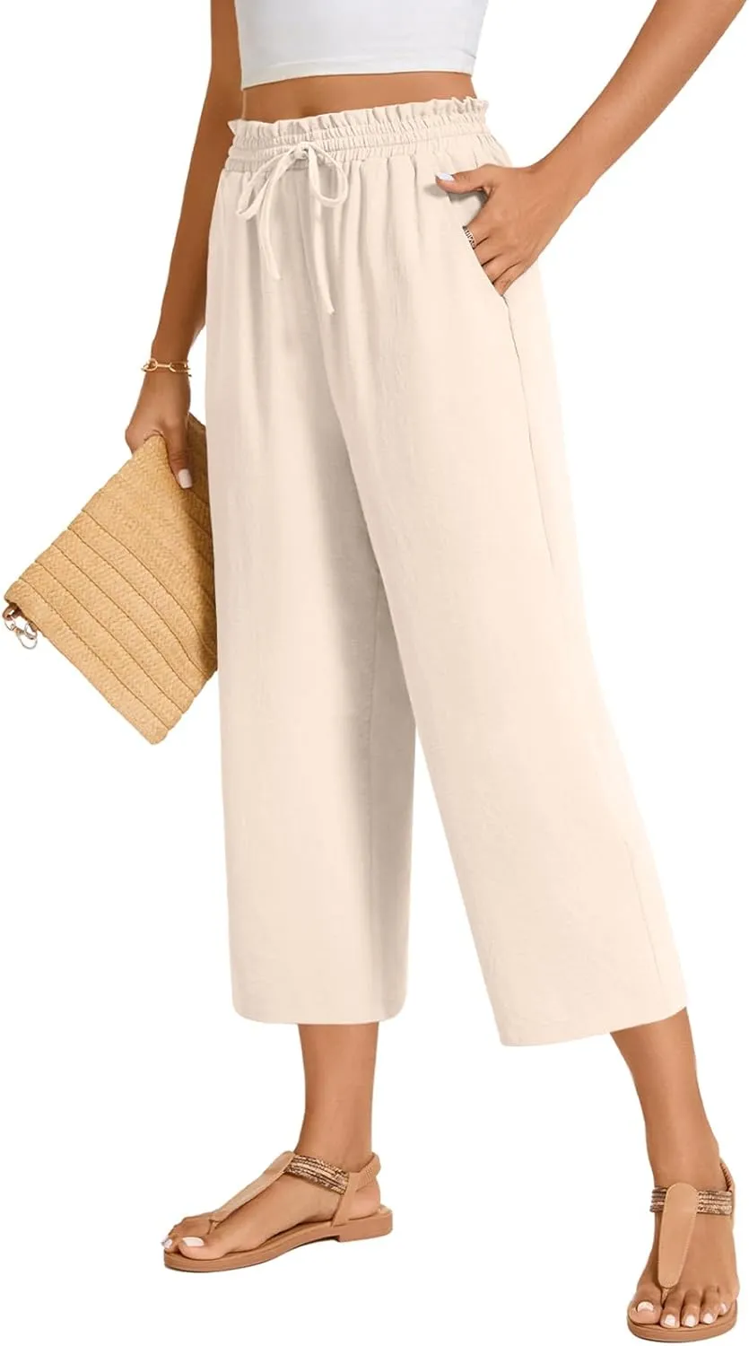 POPYOUNG Womens 3/4 Pants High Waisted Wide Leg Lounge Pants Drawstring Causal Palazzo Pants Trousers with Pockets