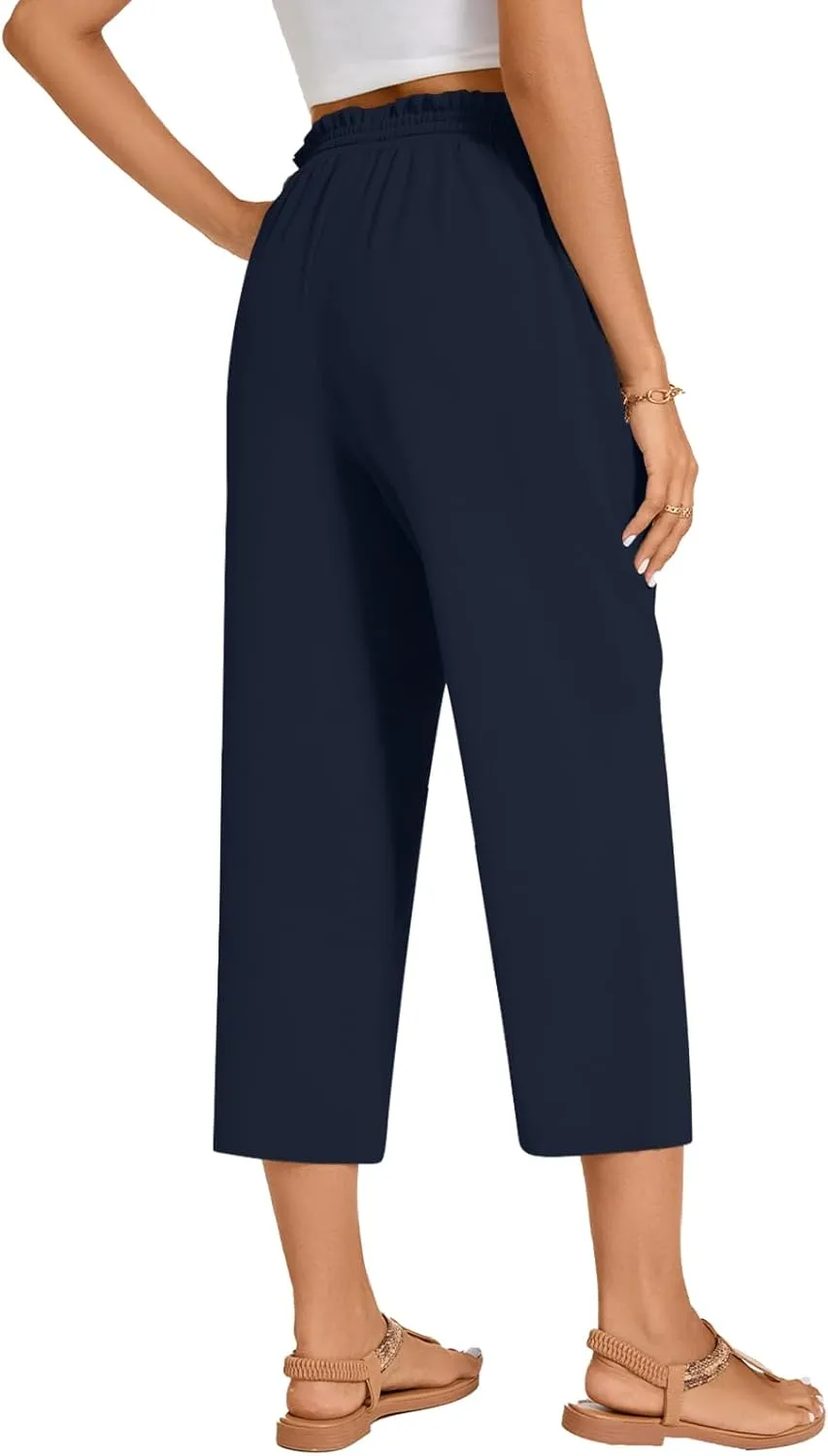 POPYOUNG Womens 3/4 Pants High Waisted Wide Leg Lounge Pants Drawstring Causal Palazzo Pants Trousers with Pockets