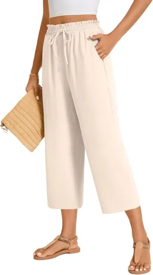 POPYOUNG Womens 3/4 Pants High Waisted Wide Leg Lounge Pants Drawstring Causal Palazzo Pants Trousers with Pockets