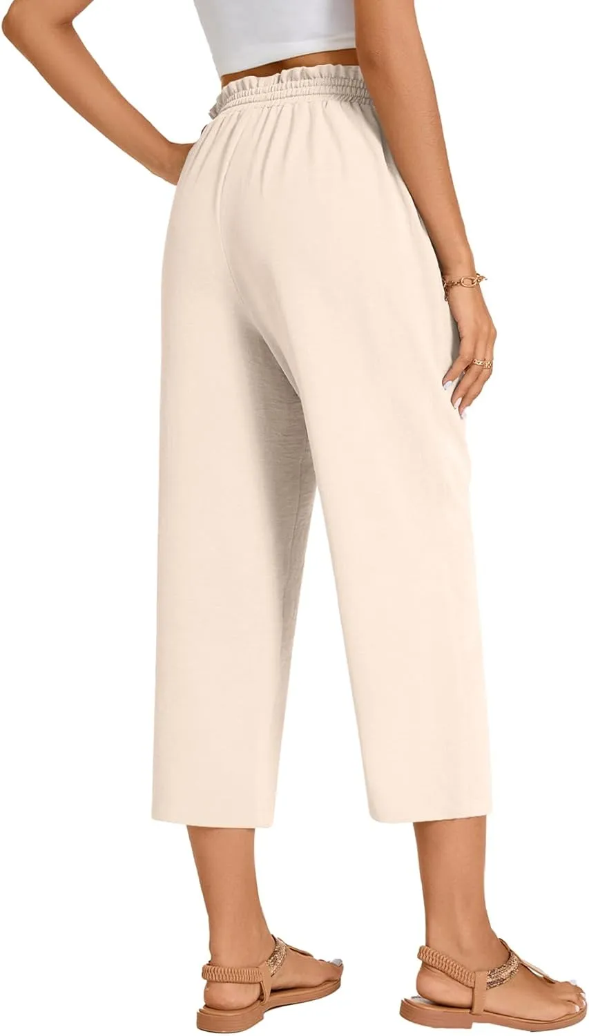 POPYOUNG Womens 3/4 Pants High Waisted Wide Leg Lounge Pants Drawstring Causal Palazzo Pants Trousers with Pockets