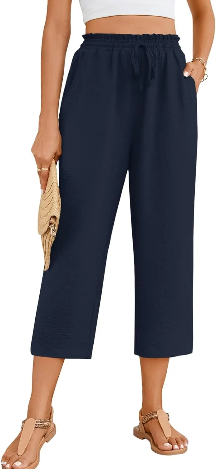 POPYOUNG Womens 3/4 Pants High Waisted Wide Leg Lounge Pants Drawstring Causal Palazzo Pants Trousers with Pockets