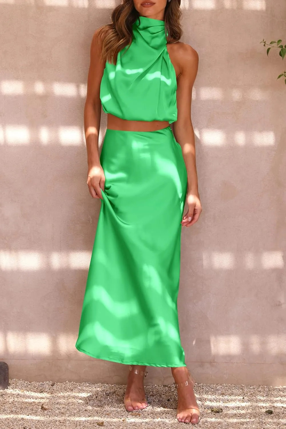 PRETTYGARDEN Women's 2 Piece Satin Outfits Summer Sleeveless Mock Neck Crop Tops and Long Skirt Dress Sets